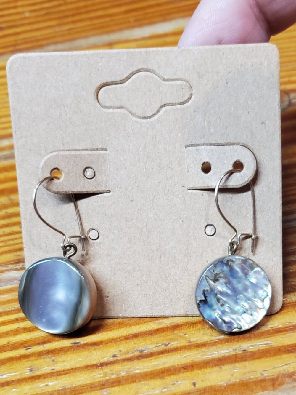 Boomerang Round Abalone Paua Shell Drop Dangle Earrings Iridescent Silver Tone